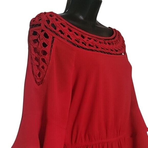 Crochet Neck Red Dress With Ruffled Sleeves By Skies Are Blue Size 8 Elegant & F - Picture 3 of 6